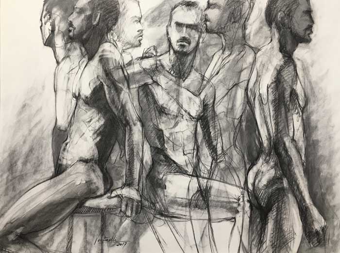 Divided Attention : charcoal on paper : 24"h x 36"w : by Nora Venturelli