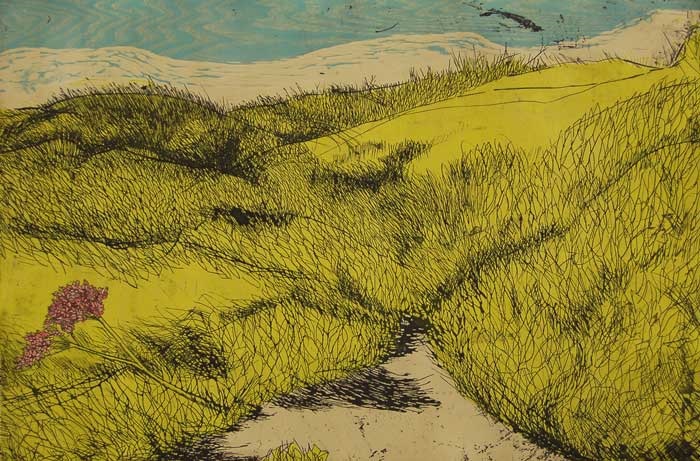 PNW II (Dune Grass) : woodblock, intaglio and watercolor on paper :  23.5"h x 35.5"w : by Helen Gotlib