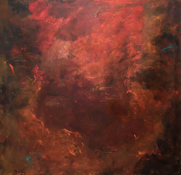 Out in Crimson Space : acrylic on canvas : 54"h x 56w : by Elizabeth Schwartz